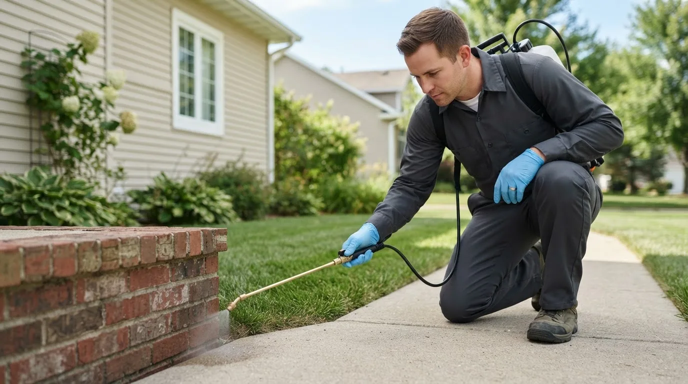 Pest control technician treating a home near Holliday, MO