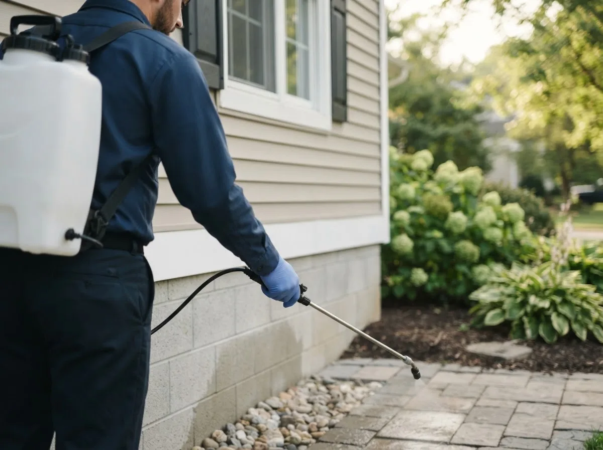 Pest control technician inspecting a home in Holliday, MO